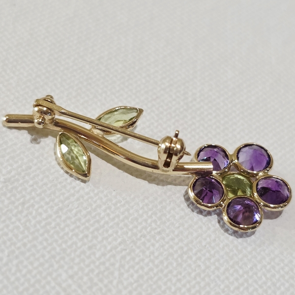Vintage 14k Yellow Gold Purple Green Gemstones Flower Beautiful Pin Brooch 1.7 g - Picture 14 of 16